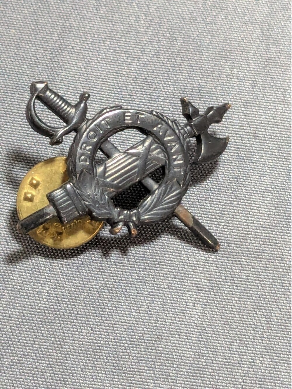 Vintage Military Style Metal Pin Badge with Sword and Axe Design